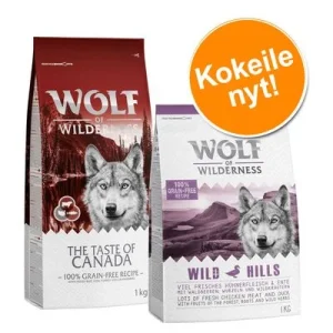 2 maun yhteispakkaus! 2 x 1 kg Wolf of Wilderness Adult -kuivaruokaa Wild Hills - ankka + Wide Acres - kana (Soft & Strong)