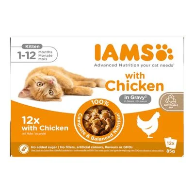 36 + 12 kaupan päälle! 48 x 85 g IAMS-kissanruokaa Delights Kitten: in Sauce kana