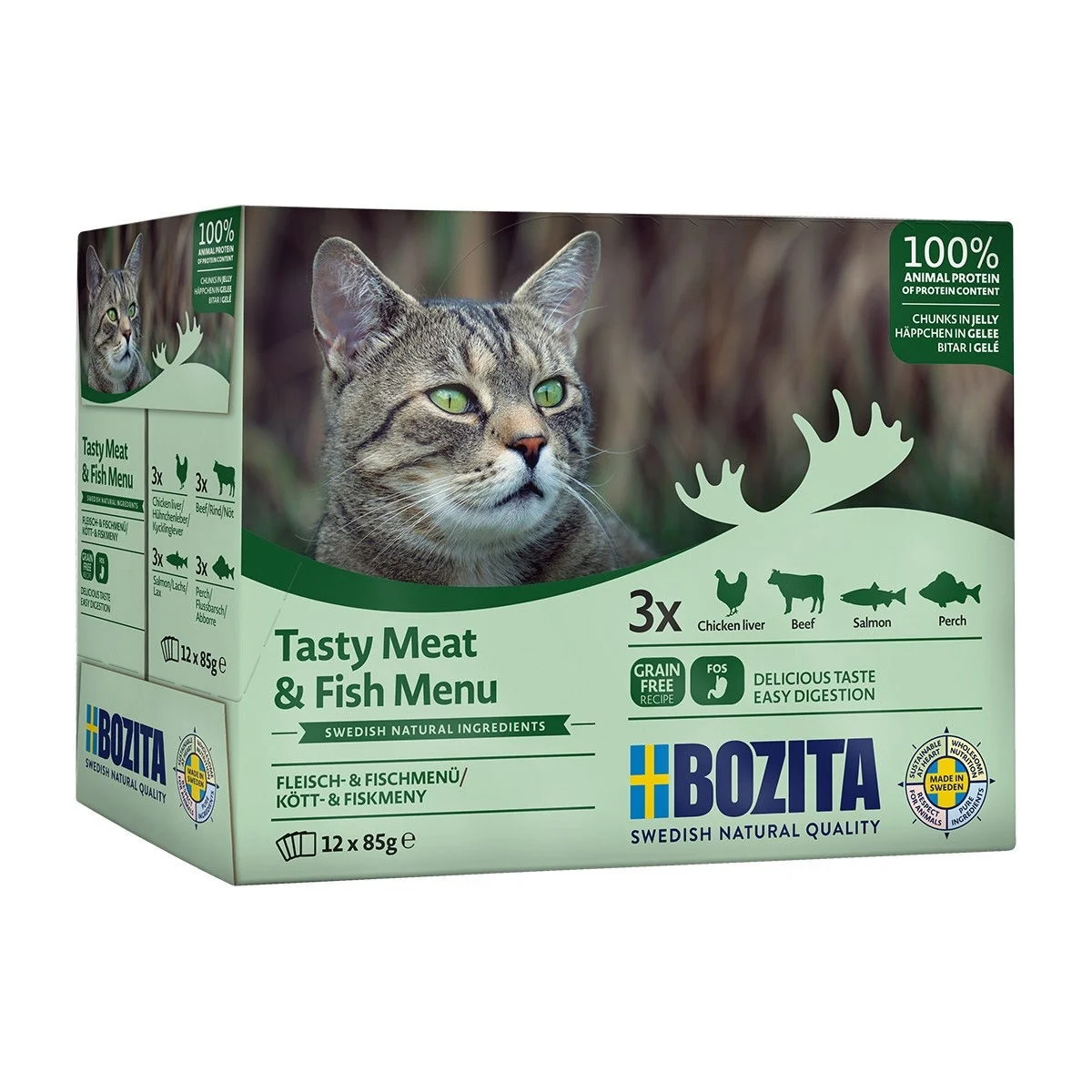 Bozita liha- & kalalajitelma hyytelössä 12 x 85 g