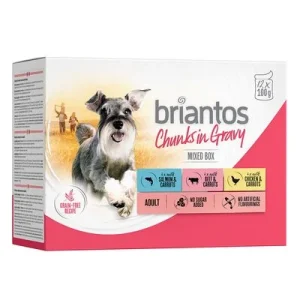 Briantos Chunks in Gravy -säästöpakkaus 48 x 100 g lajitelma (kana, nauta & lohi)