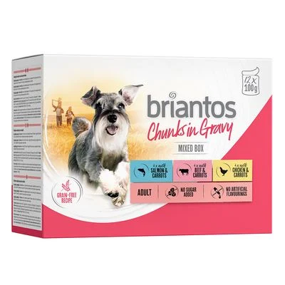 Briantos Chunks in Gravy -säästöpakkaus 48 x 100 g lajitelma (kana, nauta & lohi)