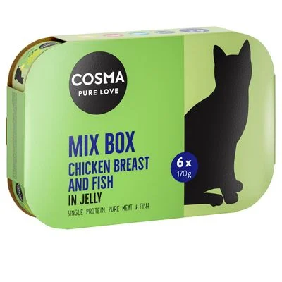 Cosma Original hyytelössä 6 x 170 g lajitelma: Tyynenmeren tonnikala, boniitti, kananrinta ja lohi