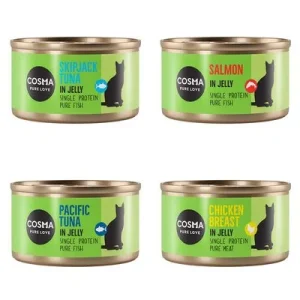 Cosma Original -valikoima hyytelössä 6 x 85 g, Tyynenmeren tonnikala, boniitti, kananrinta, lohi