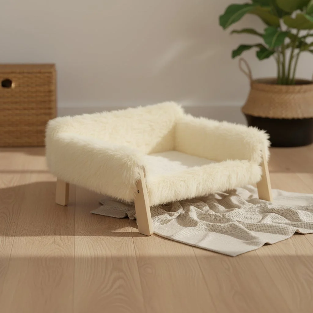 Design-kissasohva puusta ja tekoturkista