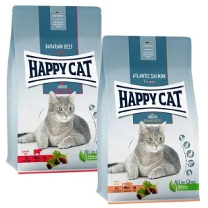 Happy Cat Indoor -yhteispakkaus 2 x 4 kg Bavarian Beef & Atlantic Salmon