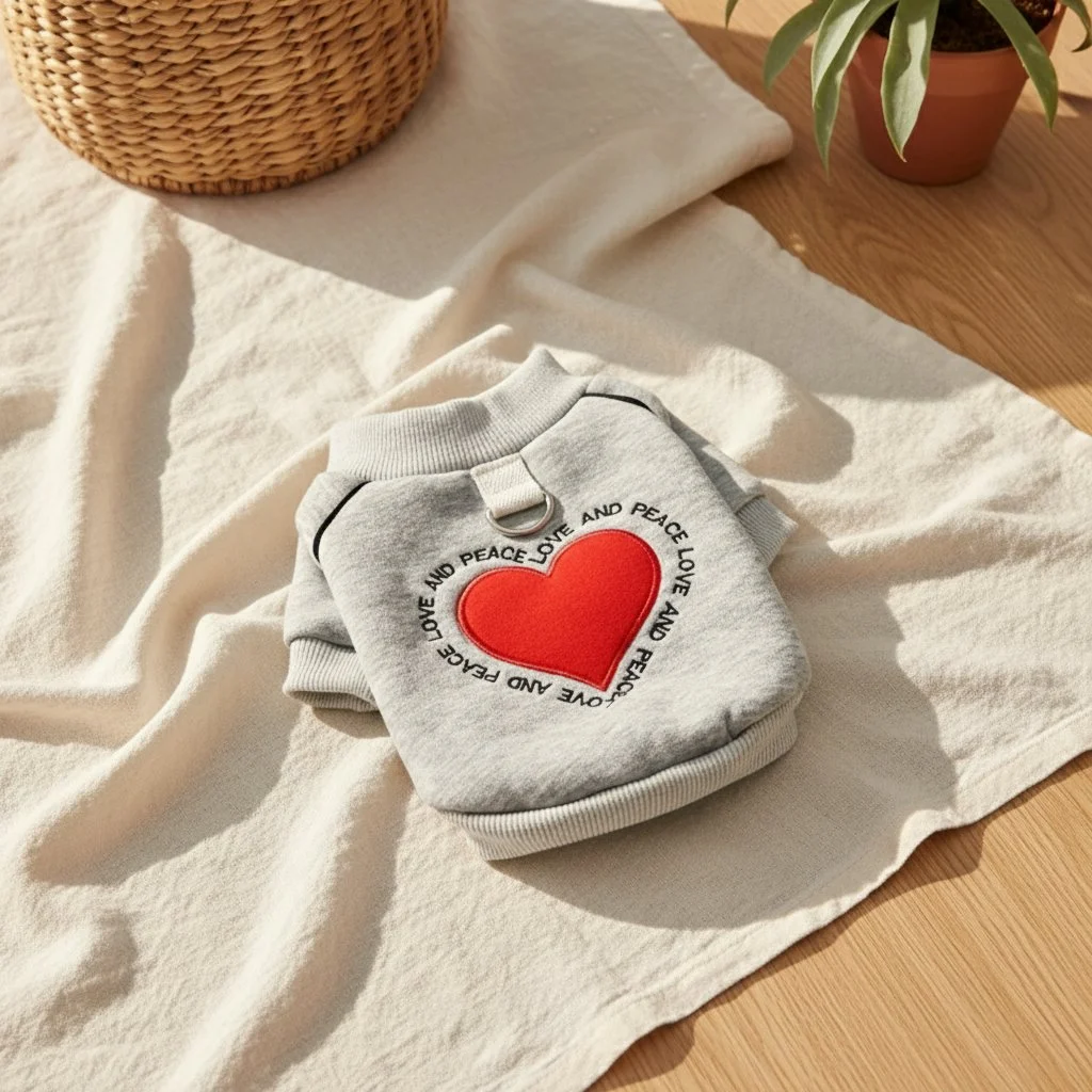 Harmaa pusero pienelle koiralle, punainen sydän