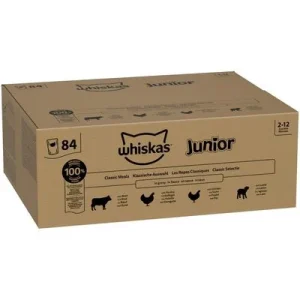 Jumbopakkaus Whiskas Junior -tuorepussit 84 x 85 g klassinen valikoima kastikkeessa