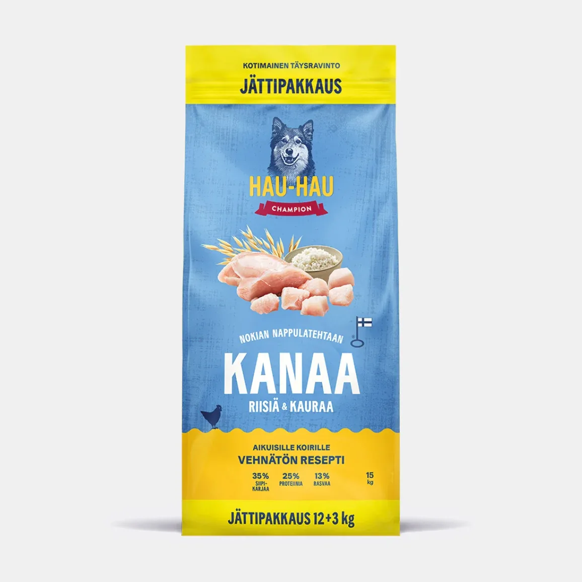 Kanaa, riisiä ja kauraa kotimainen koiran kuivaruoka 15 kg