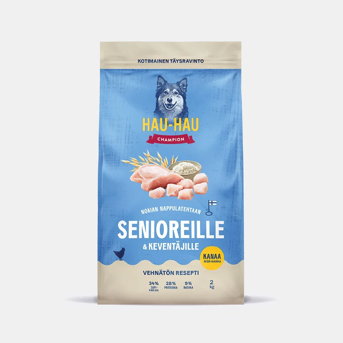 Kanaa, riisiä ja kauraa kotimainen koiran kuivaruoka senioreille ja keventäjille