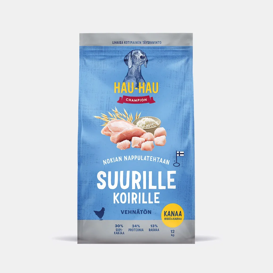 Kanaa, riisiä ja kauraa kotimainen kuivaruoka suurille koirille