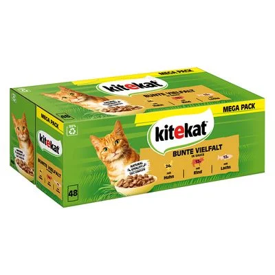 Kitekat-tuorepussit 48 x 85 g Värikäs lajitelma kastikkeessa: nauta, kana & lohi