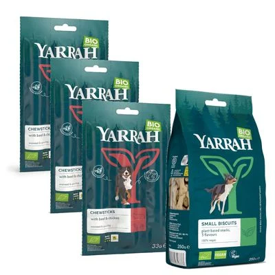 Kokeilupakkaus: 2 x Yarrah Luomu -koiranherkkuja 250 g keksit + 3 x 33 g purutikut