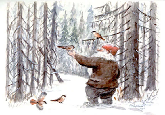 Kuukkelit ja tonttu postikortti