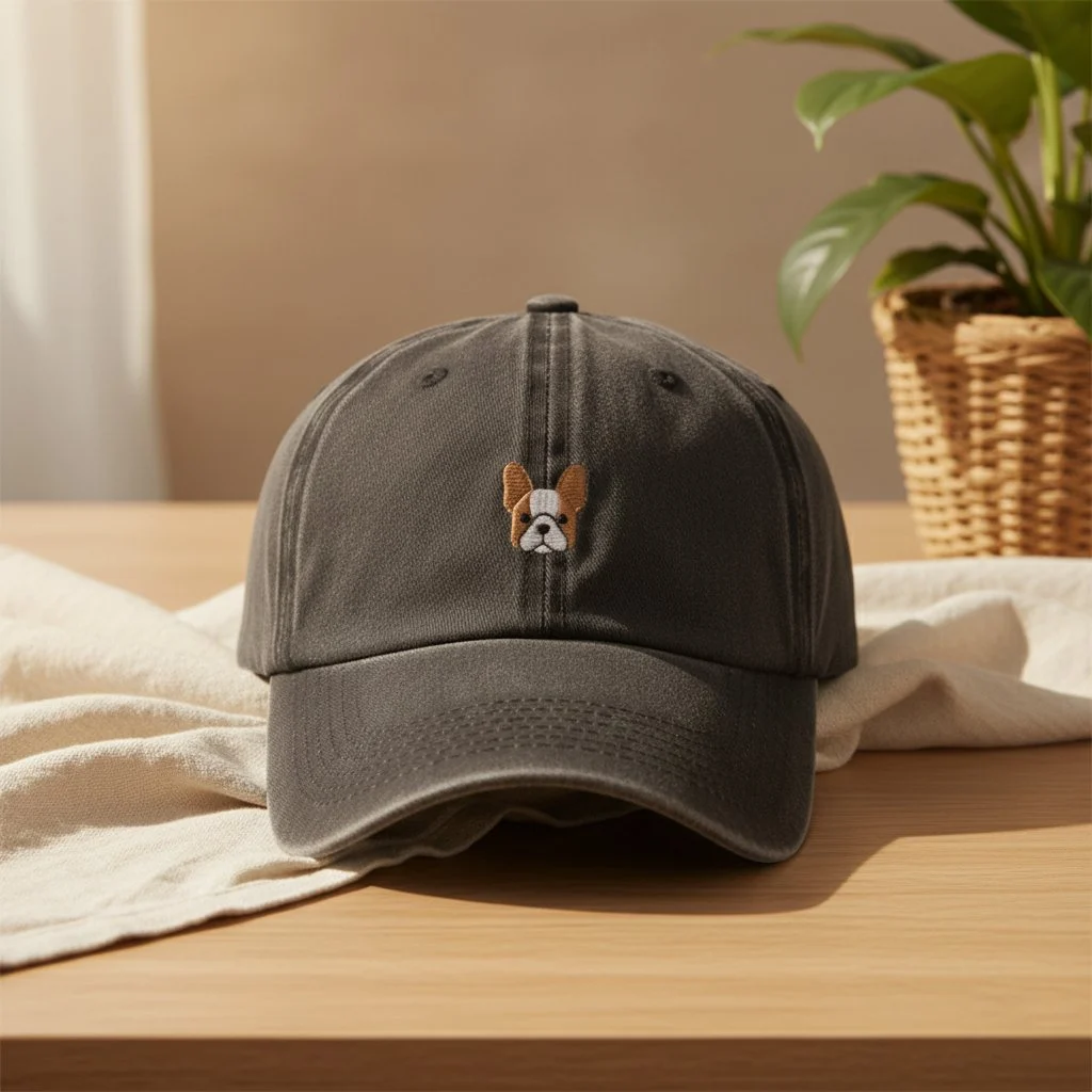 Lippalakki, jossa on brodeerattu ranskalaisen bulldogin kuvio