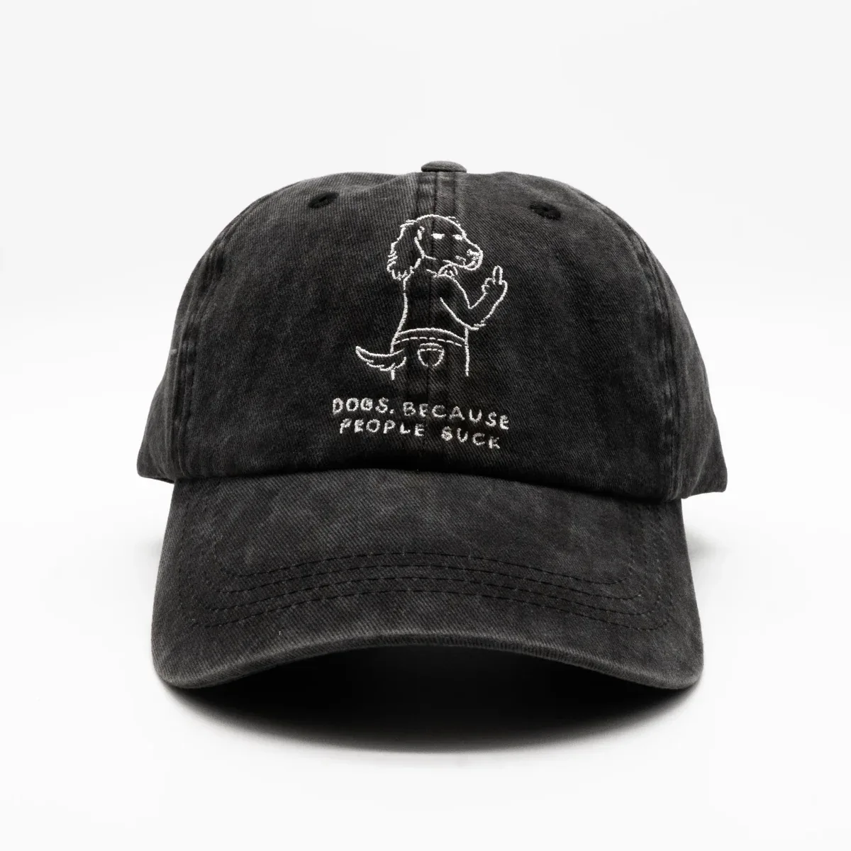 Musta denimlippis – Logo ”Dogs. Because People Suck”