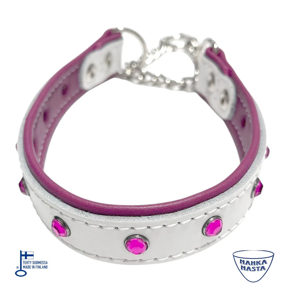 Nahka-Nasta puolikiristyvä nahkapanta strasseilla, fuksia / valkoinen - Image 2