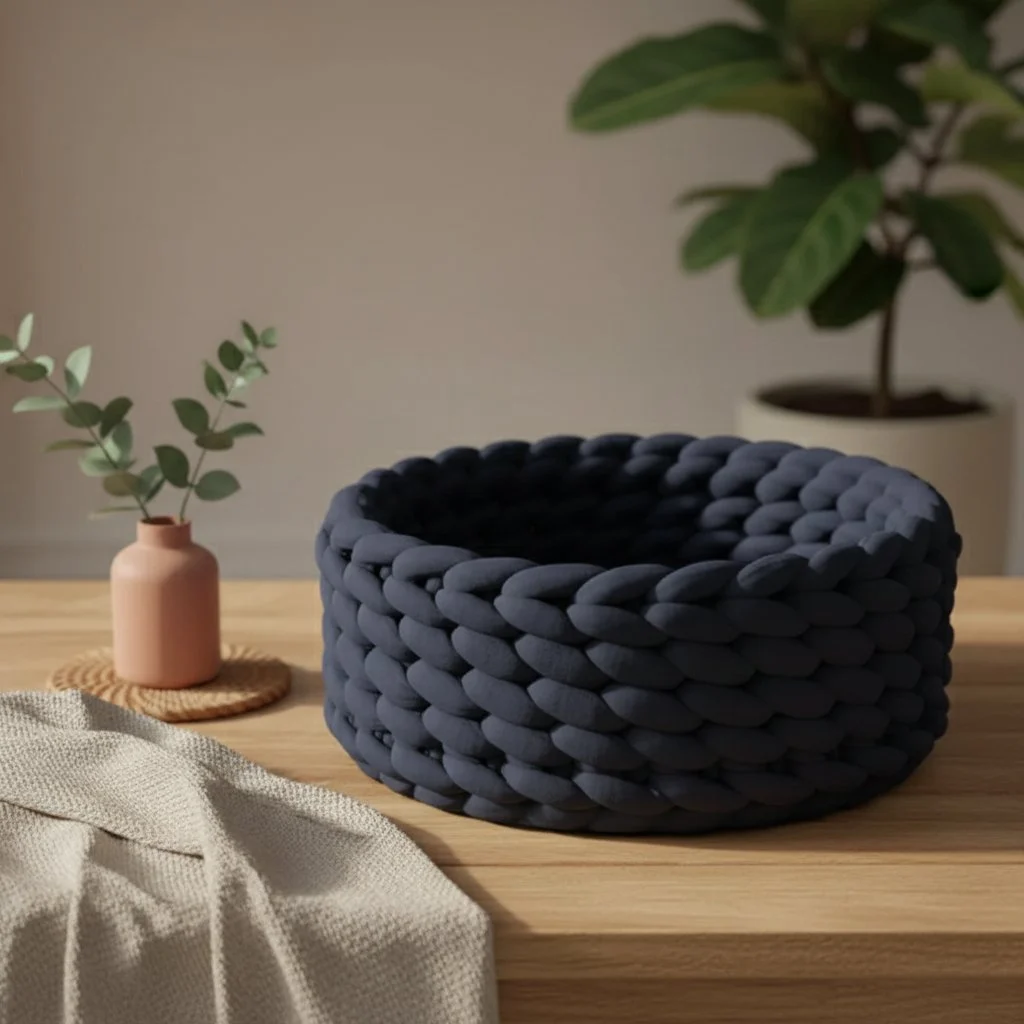 Paksusta neuloksesta valmistettu design-kissankori