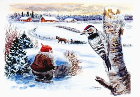 Pikkutikka ja tonttu postikortti