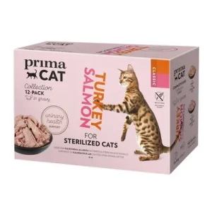 PrimaCat Classic kastikkeessa -säästöpakkaus 24 x 85 g Sterilised-lajitelma (2 makua)