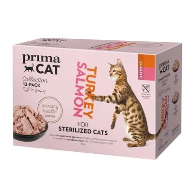 PrimaCat Classic kastikkeessa -säästöpakkaus 24 x 85 g Sterilised-lajitelma (2 makua)