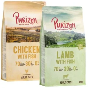 Purizon Adult -tutustumispakkaus, monta makua Chicken & Fish + Lamb & Fish (2 x 400 g)