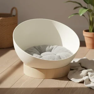 Pyöreä design-kori puualustalla