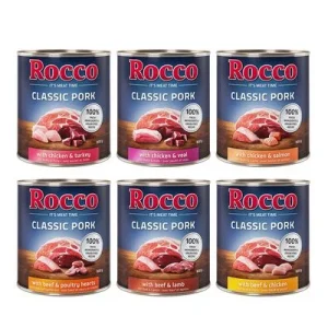 Rocco Classic Pork 6 x 800 g lajitelma: nauta/lammas, kana/kalkkuna, kana/vasikka, nauta/siipikarjansydän, kana/lohi, nauta/kana