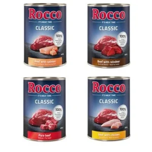Rocco Classic -säästöpakkaus 24 x 400 g mix: naudanliha, lohi, kana, poro