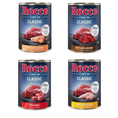 Rocco Classic -säästöpakkaus 24 x 400 g mix: naudanliha, lohi, kana, poro
