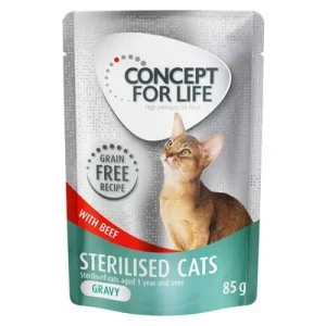 Säästöpakkaus Concept for Life viljaton 24 x 85 g Sterilised Cats nautaa kastikkeessa