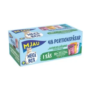 Säästöpakkaus: Mjau Megaboksi 96 x 85 g sekoitus kastikkeessa (naudanliha, kana, taimen, lohi)