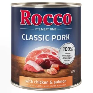Säästöpakkaus Rocco Classic Pork 24 x 800g Kanaa ja lohta