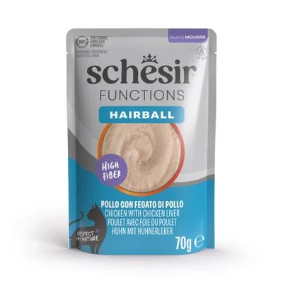 Säästöpakkaus: Schesir Functions Mousse 24 x 70 g Karvapallot kana ja kananmaksa