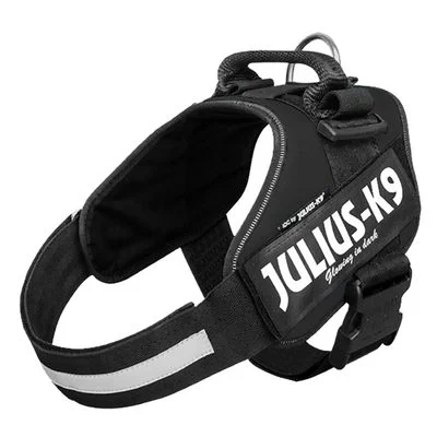 Setti: JULIUS-K9®-Power -valjaat - musta + Julius-K9 -tuplatalutushihna, kumipintainen valjaskoko 0 + talutushihna 220 cm (alle 50 kg)
