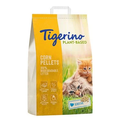 Tigerino Plant-Based -kissanhiekka maissi – sensitive, hajusteeton 7 l (4,4 kg)