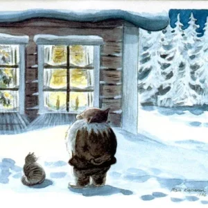 Tonttu ja kissa illan hämyssä postikortti
