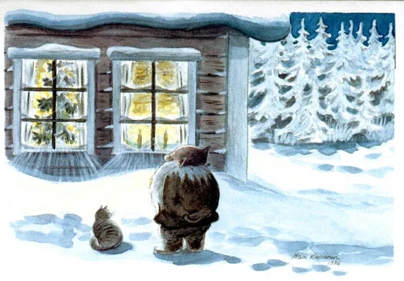 Tonttu ja kissa illan hämyssä postikortti