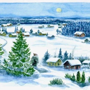 Tonttu tähyilee maisemaa postikortti
