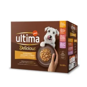 Ultima Delicious -sekoituspakkaus: herkullisia paloja kastikkeessa (kana, naudanliha, lohi, kalkkuna) 12 x 100 g