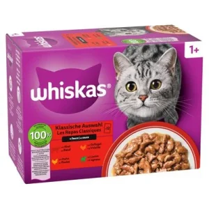 Whiskas 1+ Adult Pouches -lajitelma 12 x 85 g perinteinen kastikevalikoima