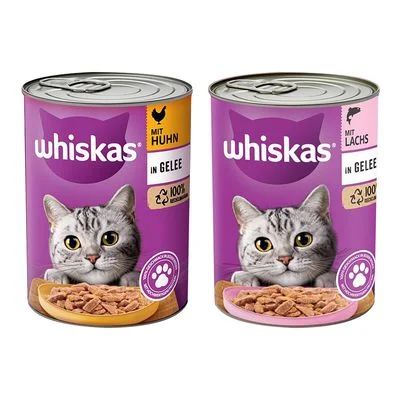 Whiskas 1+ -purkkiruoka 24 x 400 g lajitelma: 1+ in Jelly lohi & kana