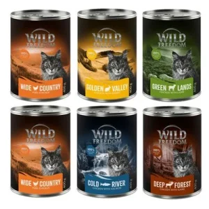 Wild Freedom Adult -säästöpakkaus 24 x 400 g monta makua I (8 x kana, 4 x seiti, 4 x lammas, 4 x kani, 4 x riista)
