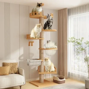 XXL-Raapimispuu luonnonpuusta lattiasta kattoon, riippumatolla, sopii suurille kissoille, maine coon – malli: “skycat”
